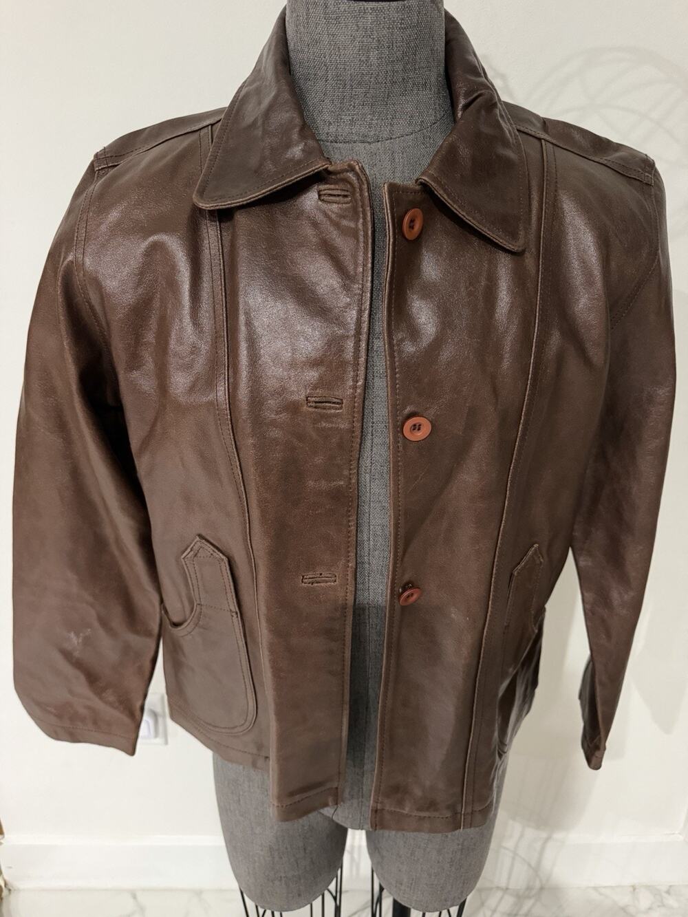 Vintage Brandon Thomas Brown Leather Jacket Women L Y2K 90s Button Front